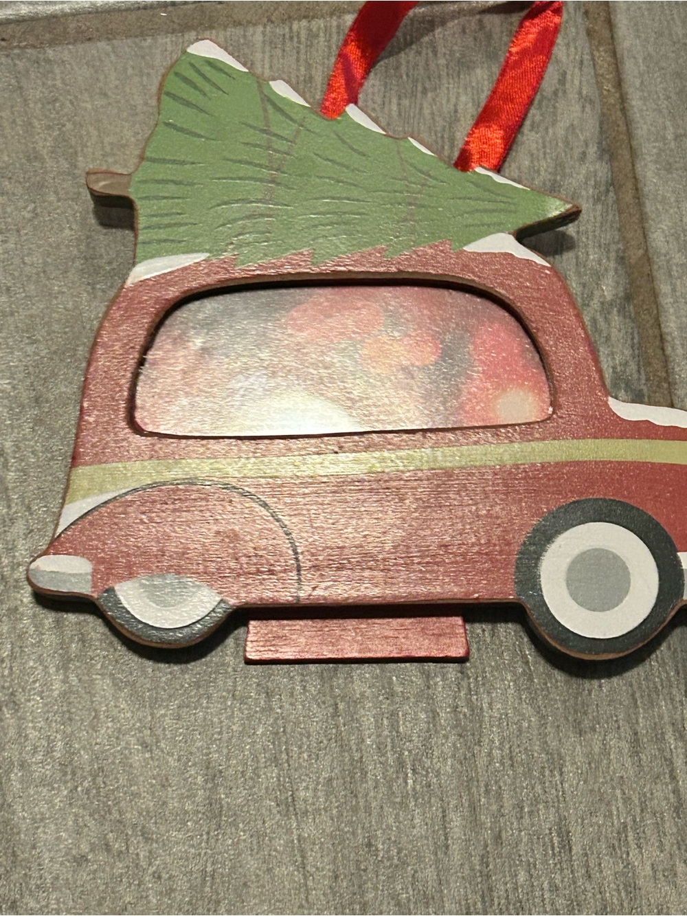 Kohl's Red Wood Car Ornament with Green Tree and Ribbon